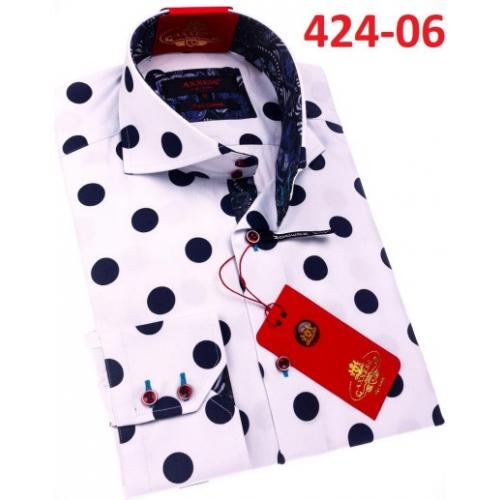 Axxess White / Blue Polka Dot Cotton Modern Fit Dress Shirt With Button Cuff 424-06